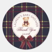Teddybeer Kerstboog Geruite Bedankt Ronde Sticker (Voorkant)