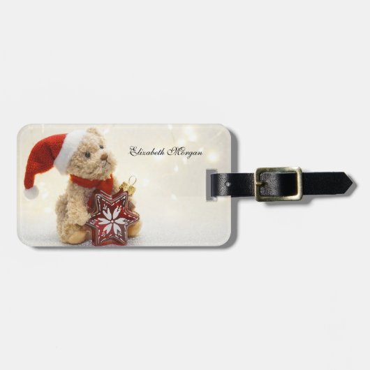 Teddybeer, kerstmuts, kerstornament bagagelabel (Voorkant horizontaal)