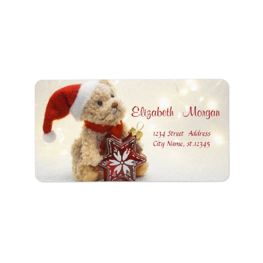 Teddybeer, kerstmuts, kerstornament etiket (Voorkant)