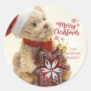 Teddybeer, kerstmuts, kerstornament ronde sticker