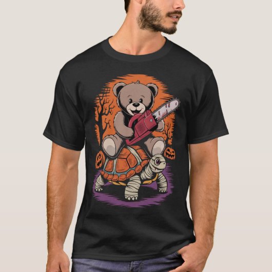 Teddybeer kettingzaag op Tuetle mummie Halloween T-shirt (Voorkant)