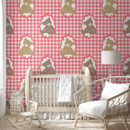 Teddybeer-kinderkamer gestreept in roze en wit behang