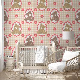 Teddybeer-kinderkamer Gingham bloemen in blos en r Behang