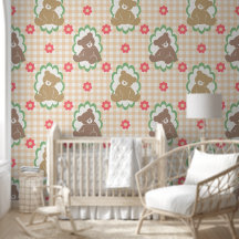 Teddybeer-kinderkamer Gingham bloemen in Blush & S