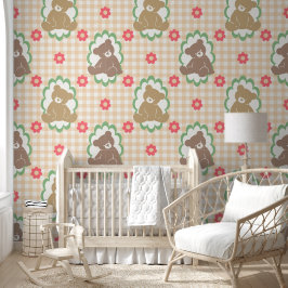 Teddybeer-kinderkamer Gingham bloemen in Blush & S Behang