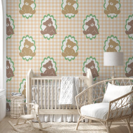 Teddybeer-kinderkamer Gingham in Blush & Sage Behang