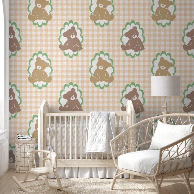 Teddybeer-kinderkamer Gingham in Blush & Sage Behang (Kinderen)