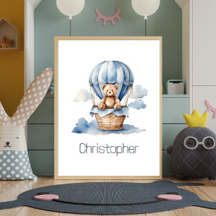 Teddybeer-kinderkamer-hete-luchtballon-blauwe-baby Poster