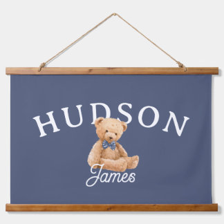 Teddybeer kinderkamer naam bord blauw kinderkamer  hangend wandkleed