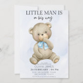 Teddybeer klein man is op weg baby shower kaart (Voorkant)