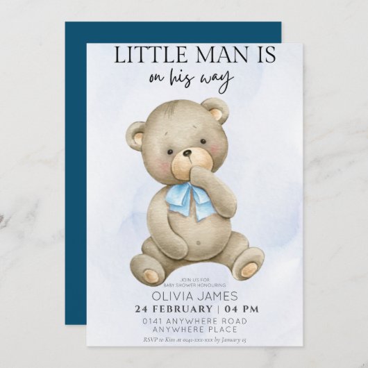 Teddybeer klein man is op weg baby shower kaart (Voorkant / Achterkant)