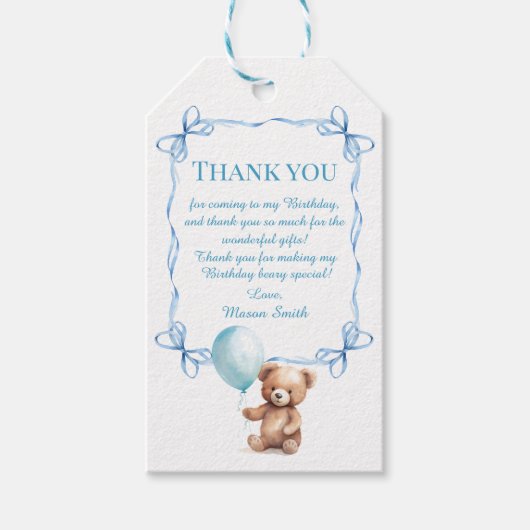 Teddybeer kleurrijke ballonbeer eerste verjaardag cadeaulabel (Voorkant)