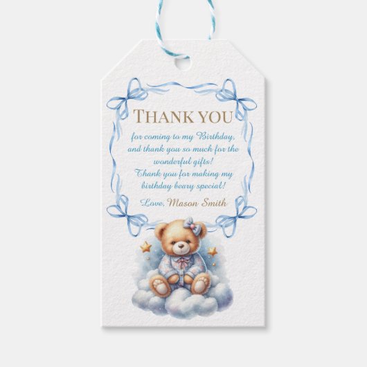 Teddybeer kleurrijke ballonbeer eerste verjaardag cadeaulabel (Voorkant)