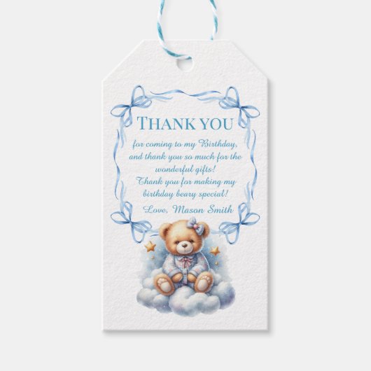 Teddybeer kleurrijke ballonbeer eerste verjaardag cadeaulabel (Voorkant)