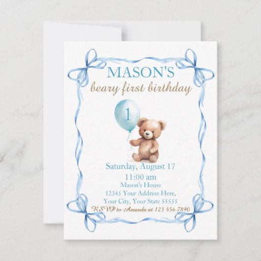 Teddybeer kleurrijke ballonbeer eerste verjaardag kaart (Voorkant)
