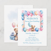 Teddybeer kleurrijke ballonbeer eerste verjaardag kaart (Voorkant / Achterkant)