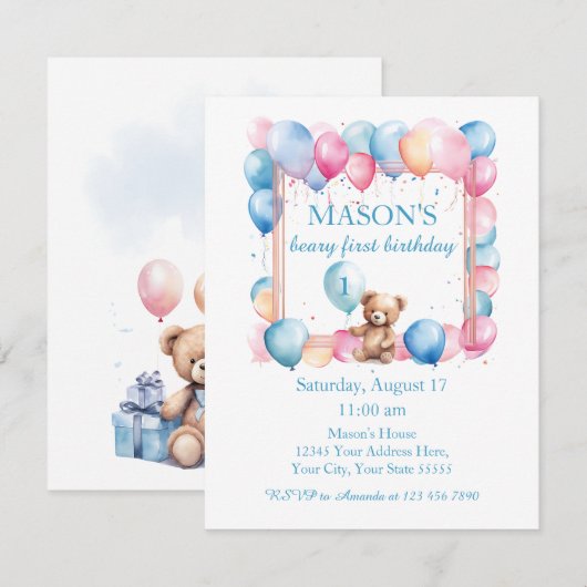 Teddybeer kleurrijke ballonbeer eerste verjaardag kaart (Voorkant / Achterkant)