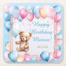 Teddybeer kleurrijke ballonbeer eerste verjaardag kartonnen onderzetters