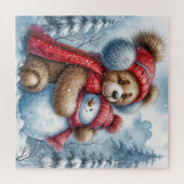 Teddybeer knuffelt een sneeuwpop legpuzzel (Horizontaal)
