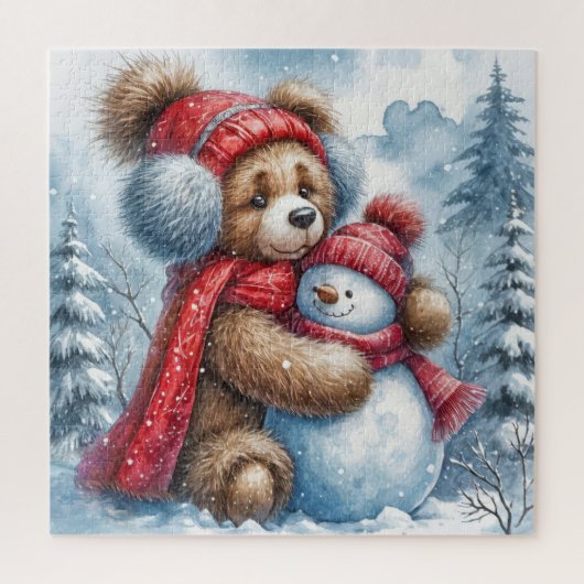 Teddybeer knuffelt een sneeuwpop legpuzzel (Verticaal)