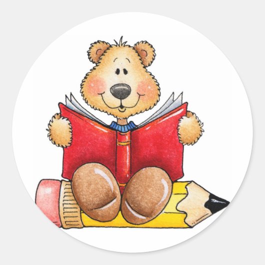 Teddybeer lezen ronde sticker (Voorkant)