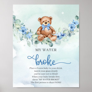 Teddybeer lichtblauw bloemenspel Mijn Water Broke Poster