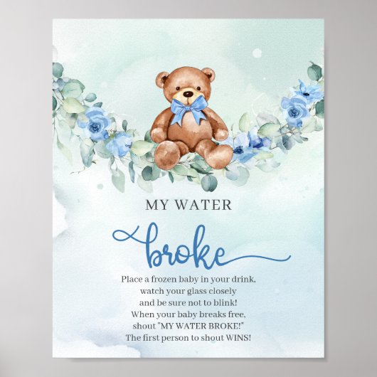 Teddybeer lichtblauw bloemenspel Mijn Water Broke Poster (Voorkant)