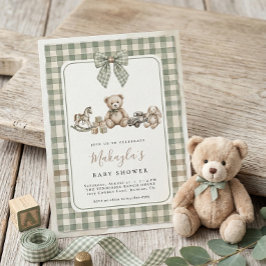 Teddybeer Lichtgroene Gingham Strik Baby Shower Kaart
