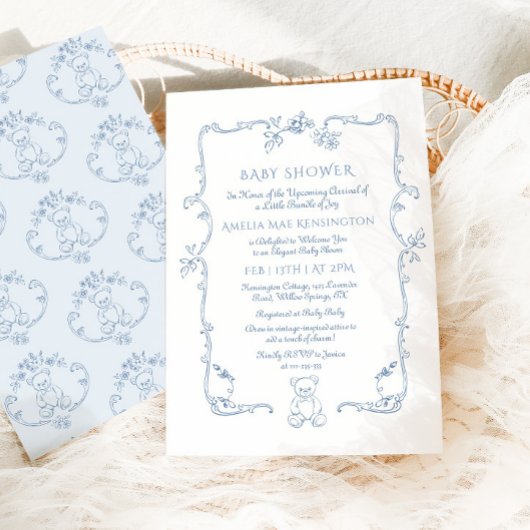 Teddybeer  lijst Toile Baby shower Kaart