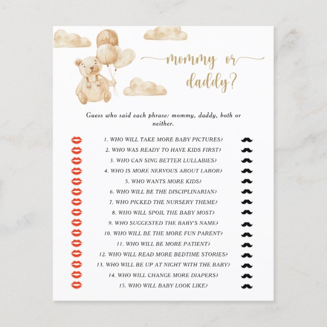 Teddybeer mama of papa baby shower spel (Voorkant)