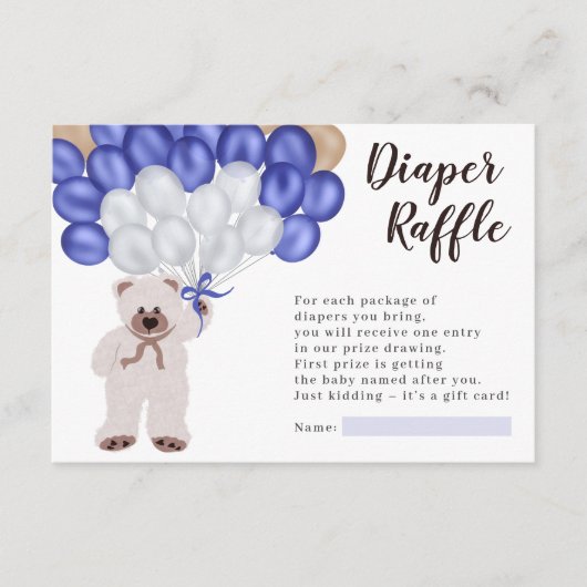 Teddybeer marine blauwe ballon luier loterij douch informatiekaartje (Voorkant)