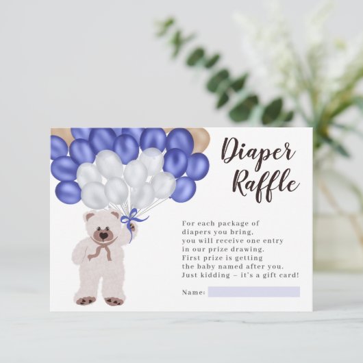 Teddybeer marine blauwe ballon luier loterij douch informatiekaartje (Staand voorkant)
