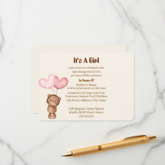 Teddybeer Meisje Baby Shower Kaart uitnodiging