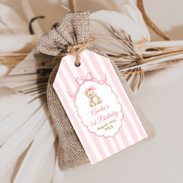 Teddybeer Meisjes Roze Strik Strepen 1e Verjaardag Cadeaulabel