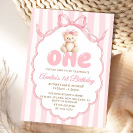 Teddybeer Meisjes Roze Strik Strepen 1e Verjaardag Kaart