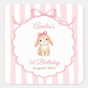 Teddybeer Meisjes Roze Strik Strepen 1e Verjaardag Vierkante Sticker