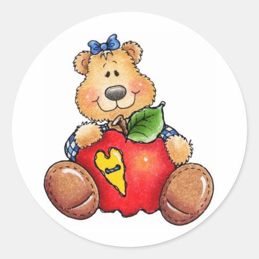 Teddybeer met appel ronde sticker (Voorkant)