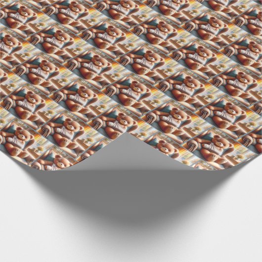 Teddybeer met arm in een slinger cadeaupapier (Hoek)