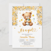 Teddybeer met baby flesje gele bloemen meisje kaart (Voorkant)