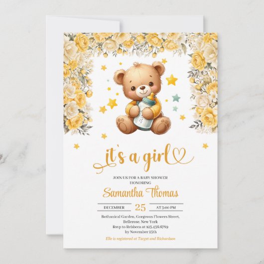 Teddybeer met baby flesje gele bloemen meisje kaart (Voorkant)