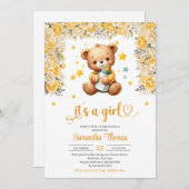 Teddybeer met baby flesje gele bloemen meisje kaart (Voorkant / Achterkant)