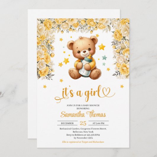 Teddybeer met baby flesje gele bloemen meisje kaart (Voorkant / Achterkant)
