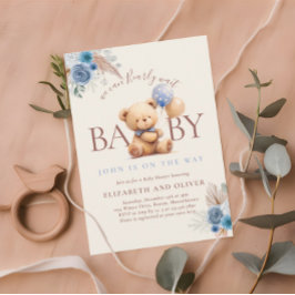 Teddybeer met ballon Boho blauw Roos Baby shower Kaart