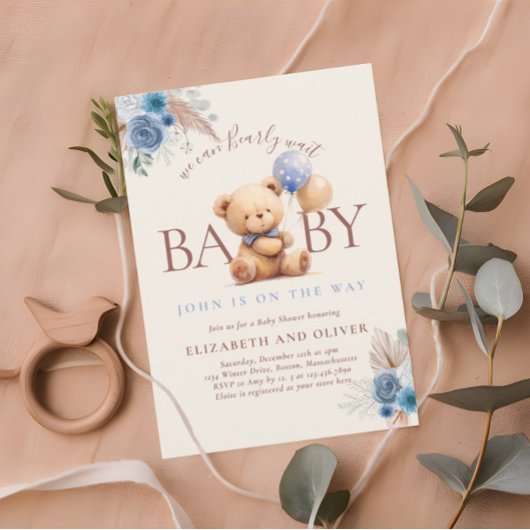 Teddybeer met ballon Boho blauw Roos Baby shower Kaart