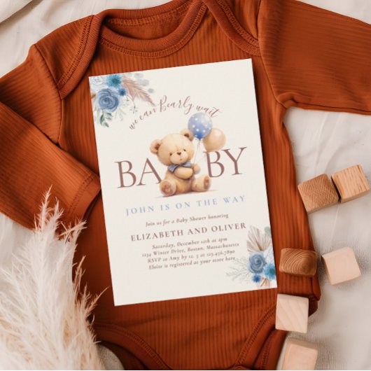 Teddybeer met ballon Boho blauw Roos Baby shower Kaart