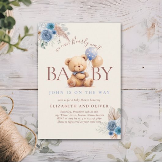 Teddybeer met ballon Boho blauw Roos Baby shower Kaart