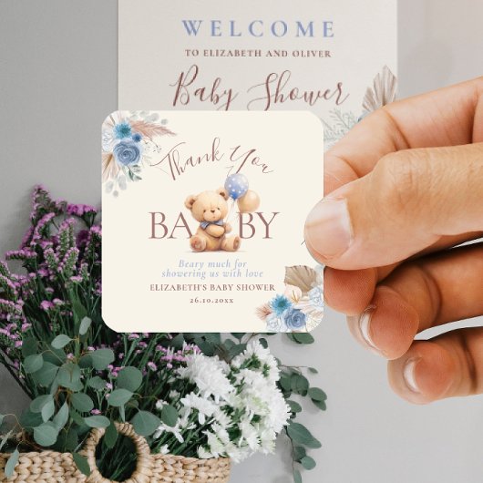 Teddybeer met ballon Boho blauw Roos Baby shower Vierkante Sticker