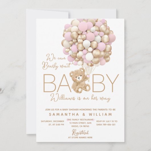 Teddybeer met ballon Minimal Baby Girl Shower Kaart (Voorkant)