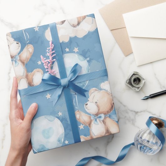Teddybeer met ballon zwevend cadeaupapier (Geschenken)