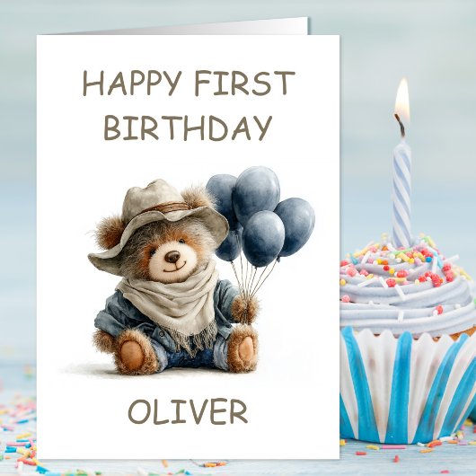 Teddybeer met ballonnen 1e verjaardag kaart